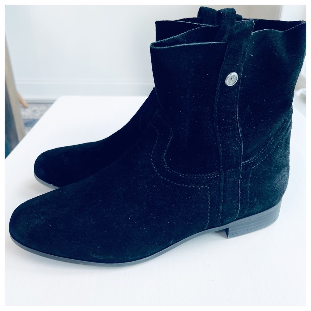 FRYE black suede flat mid-calve western boot